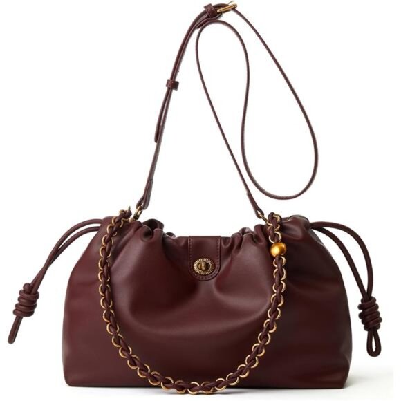 Bucket Hobo Drawstring Bag Burgundy - Picture 1 of 8